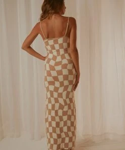 Peppermayo Exclusive New & Most Loved Cali Sweetheart Knit Maxi Dress - Warped Beige Check