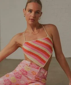 Peppermayo Exclusive Cancun Crochet Halter Top - Pink Orange
