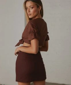 Peppermayo Exclusive New Bottoms The Avenue Linen Mini Skirt - Choc Brown