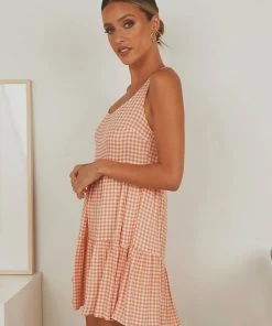 Peppermayo Facing The Sun Mini Dress - Peach Gingham New Dresses