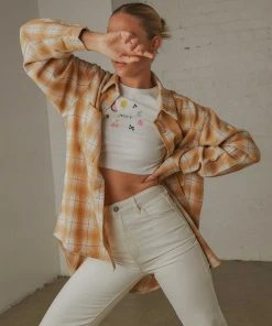 Peppermayo Know No Better Shirt - Beige Plaid New & Most Loved