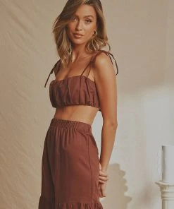 National Breast Cancer Foundation X Peppermayo New Tops Palace Garden Linen Crop - Choc Brown