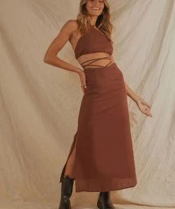 Peppermayo Exclusive Beach Club Linen Tie Skirt - Choc Brown New & Most Loved