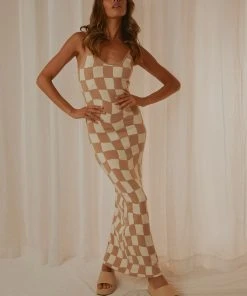 Peppermayo Exclusive New & Most Loved Cali Sweetheart Knit Maxi Dress - Warped Beige Check