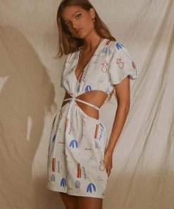 Peppermayo Exclusive Art Girl Linen Mini Dress- Santorini