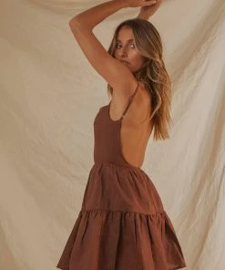 Peppermayo Exclusive Love Signs Linen Mini Dress - Choc Brown New & Most Loved