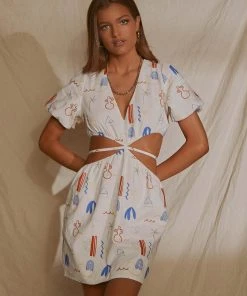 Peppermayo Exclusive Art Girl Linen Mini Dress- Santorini