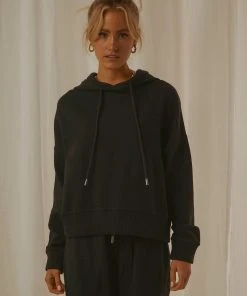 Afends Odie Waffle Cropped Pull On Hood - Black