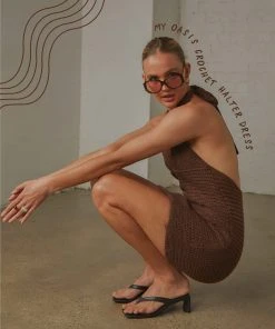 Peppermayo Exclusive My Oasis Crochet Halter Dress - Choc Brown New & Most Loved