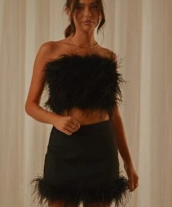 Peppermayo Exclusive The Night Is Ours Feather Crop Top - Black