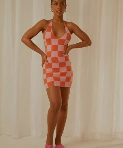 Peppermayo Exclusive The Groove Knit Halter Dress - Pink And Orange Checkers