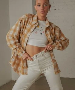 Peppermayo Know No Better Shirt - Beige Plaid New & Most Loved