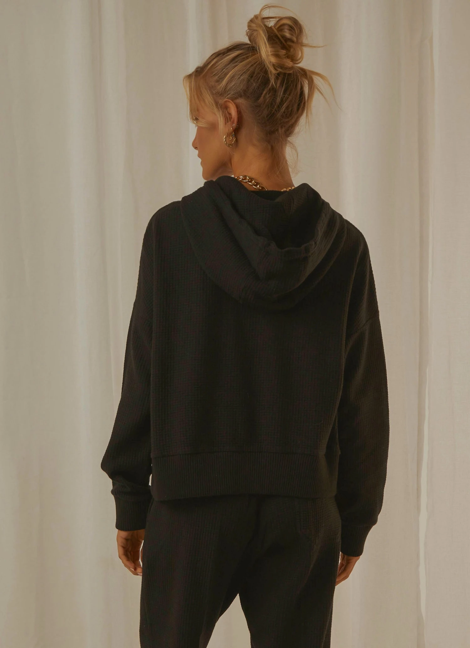 Afends Odie Waffle Cropped Pull On Hood - Black 5 Afends Odie Waffle Cropped Pull On Hood - Black