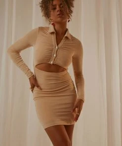 Peppermayo Elena Long Sleeve Mini Dress - Beige