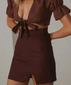 Peppermayo Exclusive New Bottoms The Avenue Linen Mini Skirt - Choc Brown