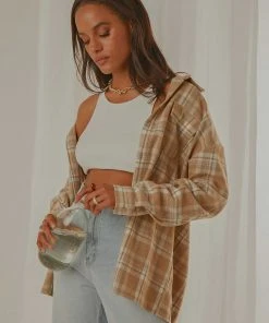 Peppermayo Exclusive New & Most Loved Day Trip Oversized Flannel Shirt - Beige Check